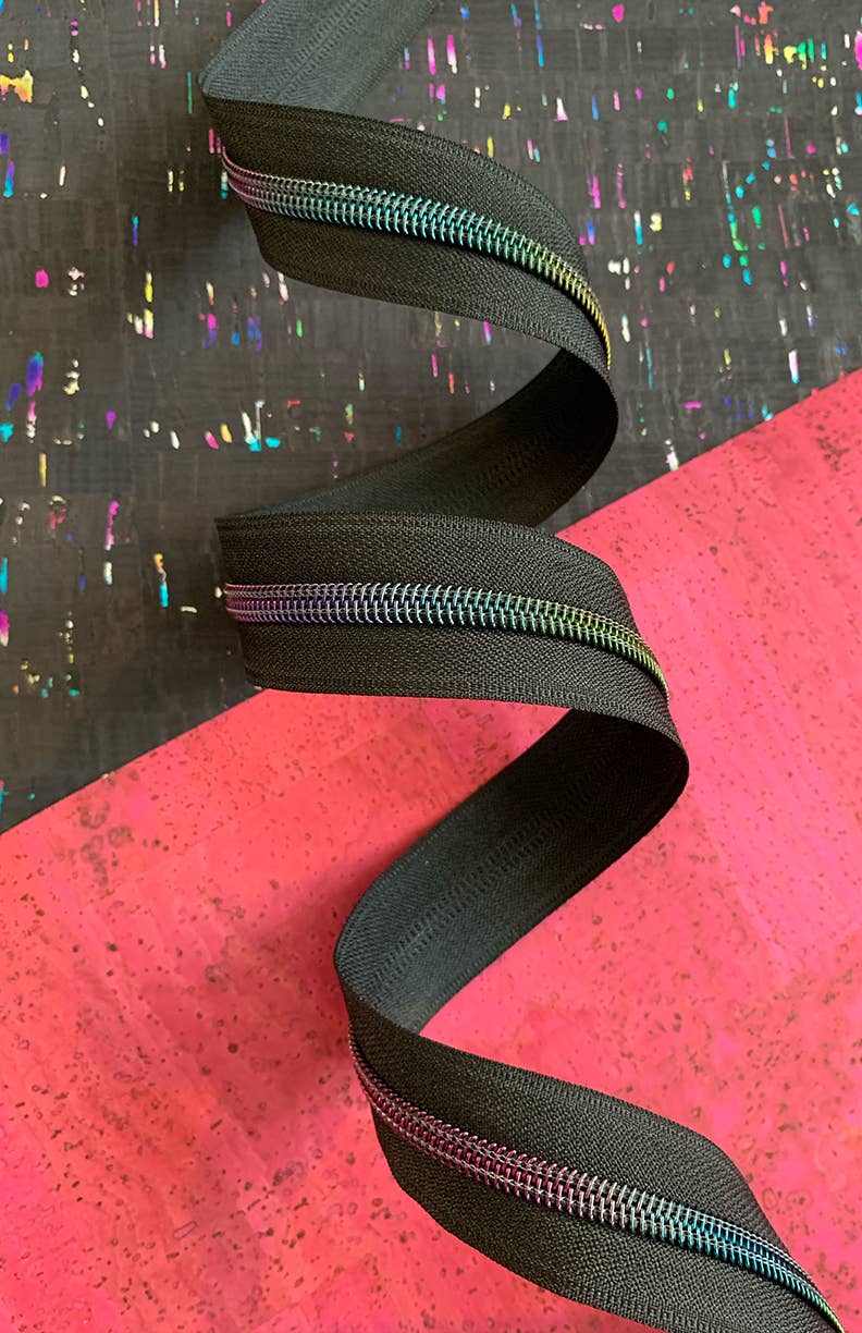 Black Zipper Tape with Rainbow Teeth