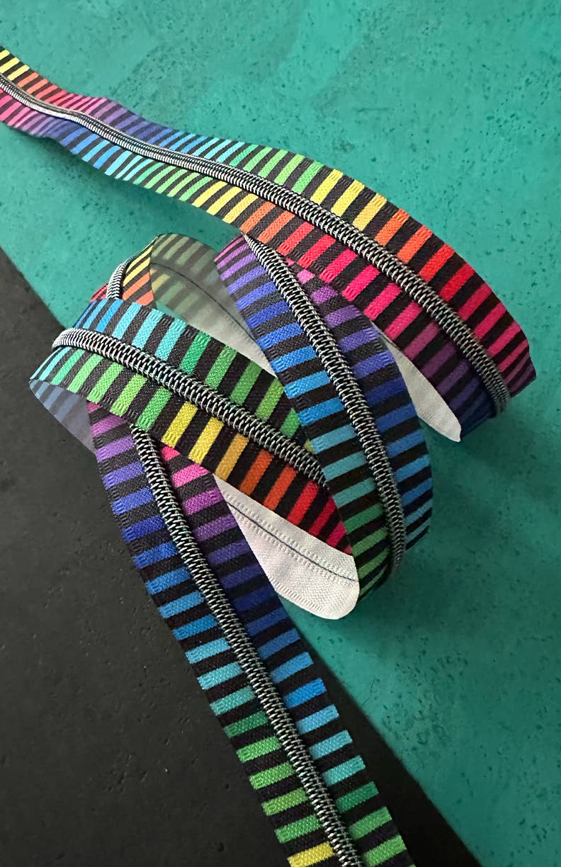 Wide Rainbow Stripe Zipper Tape with Iridescent Teeth