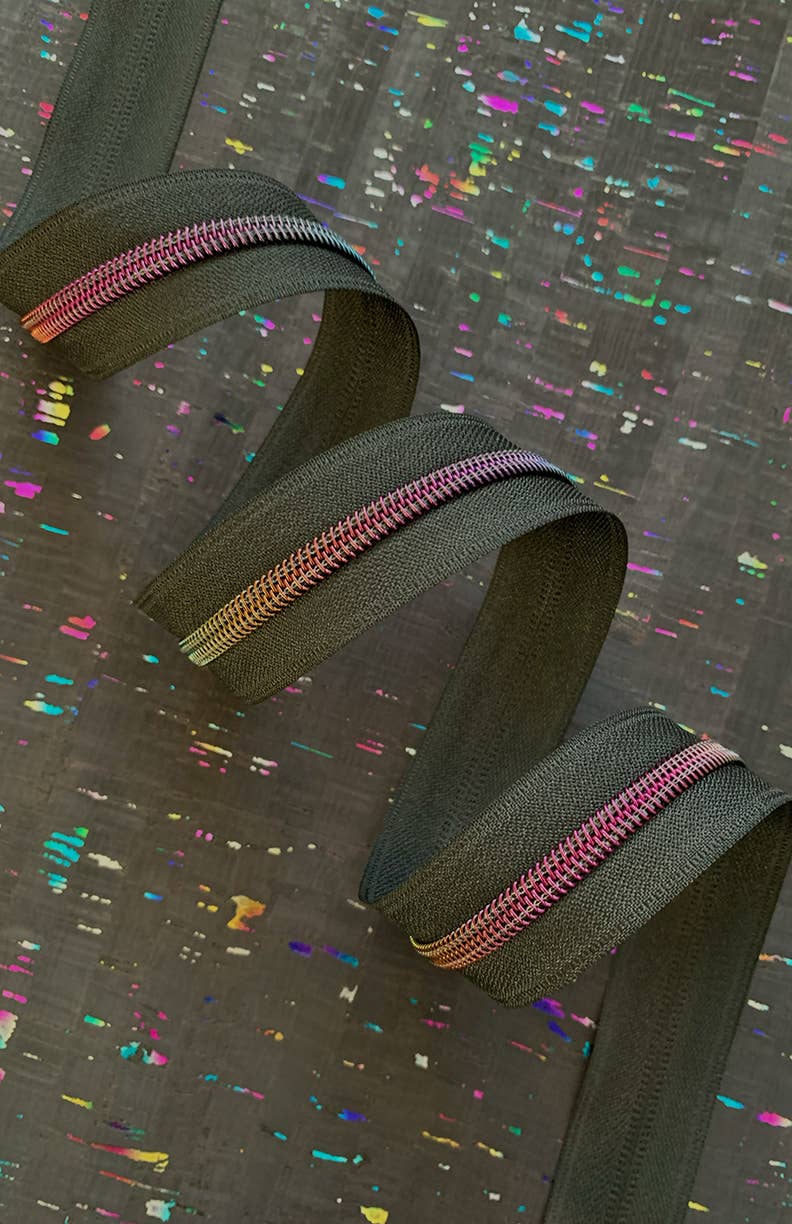 Black Zipper Tape with Rainbow Teeth