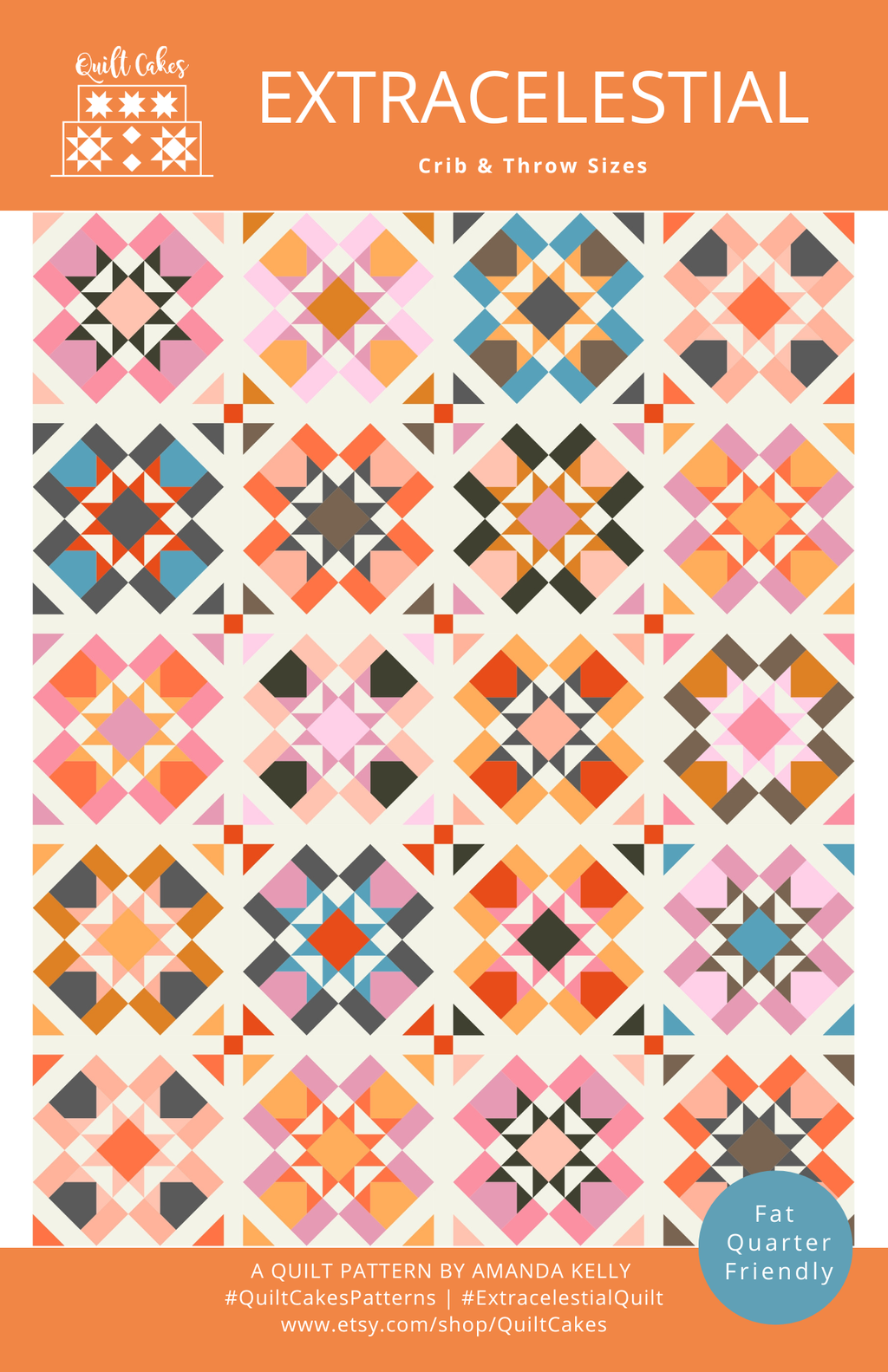 Quilt pattern cover with geometric quilt design and 'Extracelestial' branding.