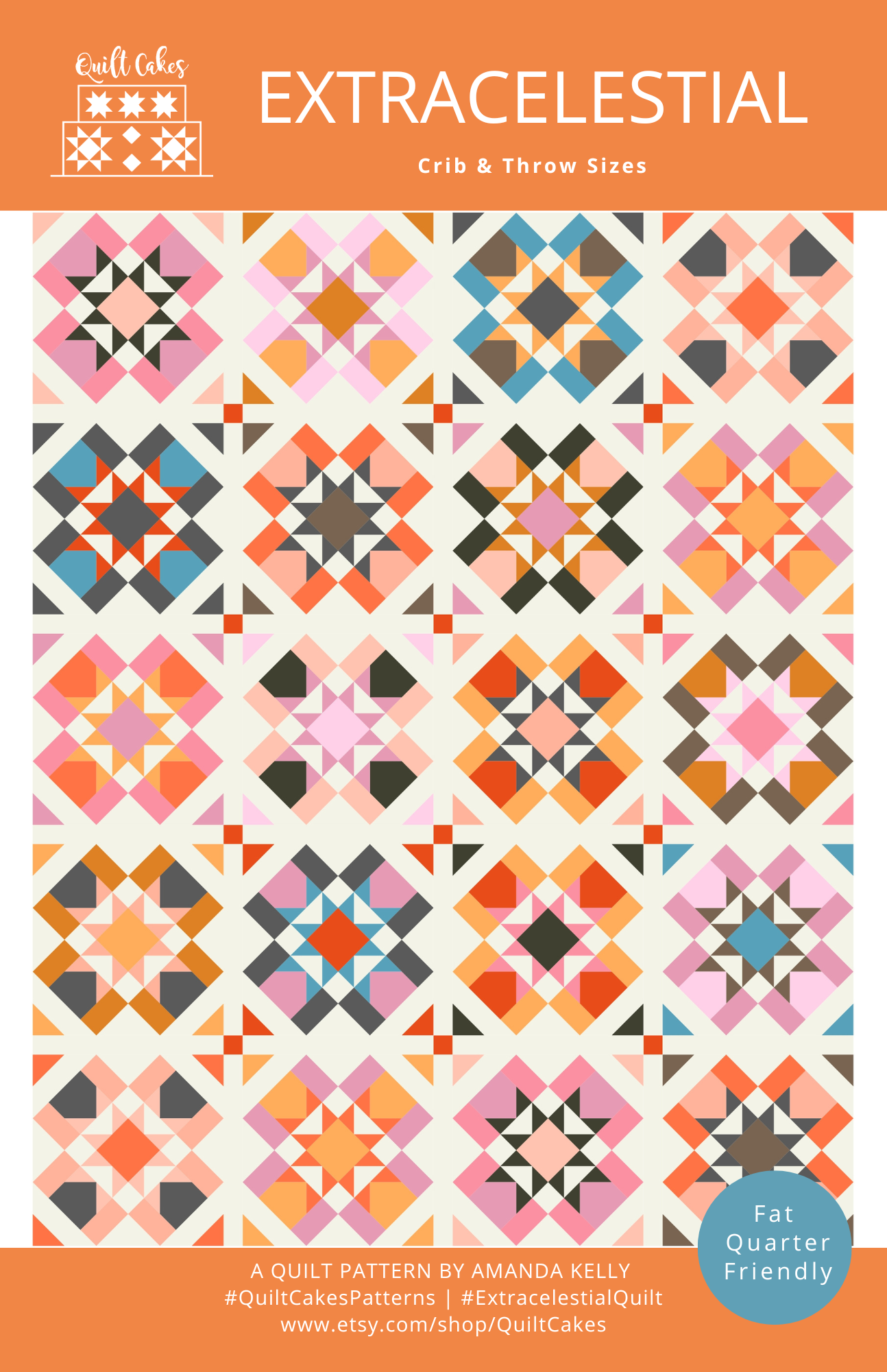 Quilt pattern cover with geometric quilt design and 'Extracelestial' branding.