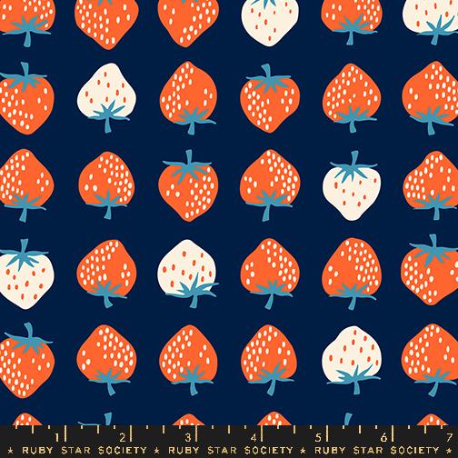 Pattern of strawberries on a navy background with Ruby Star Society label at the bottom.