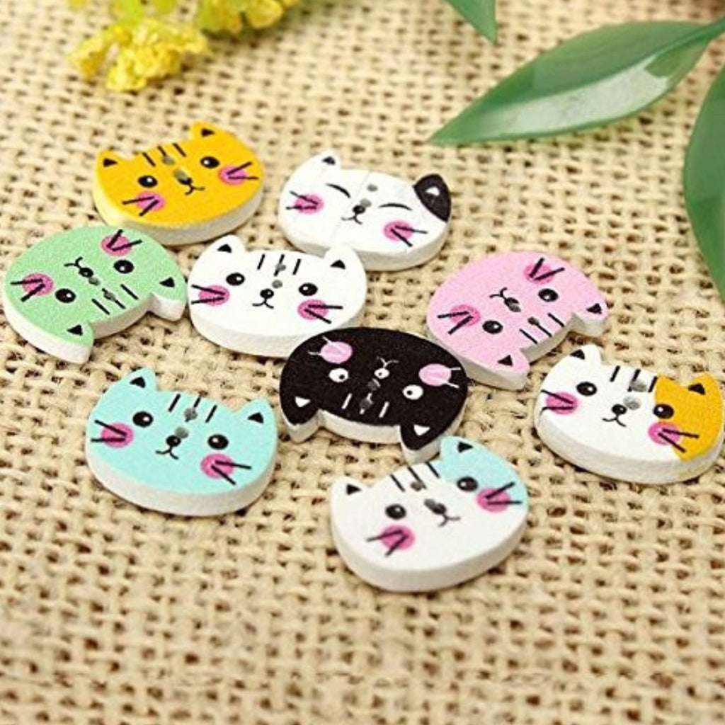Wooden Cat Buttons 10-Pack