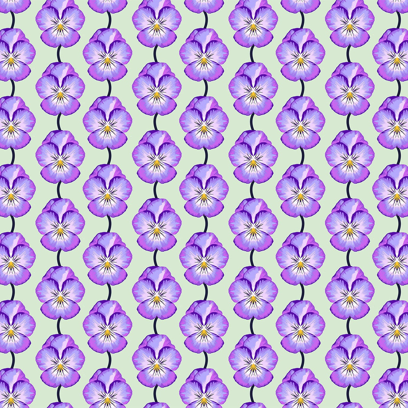Pattern of purple flowers with yellow centers on a light green background