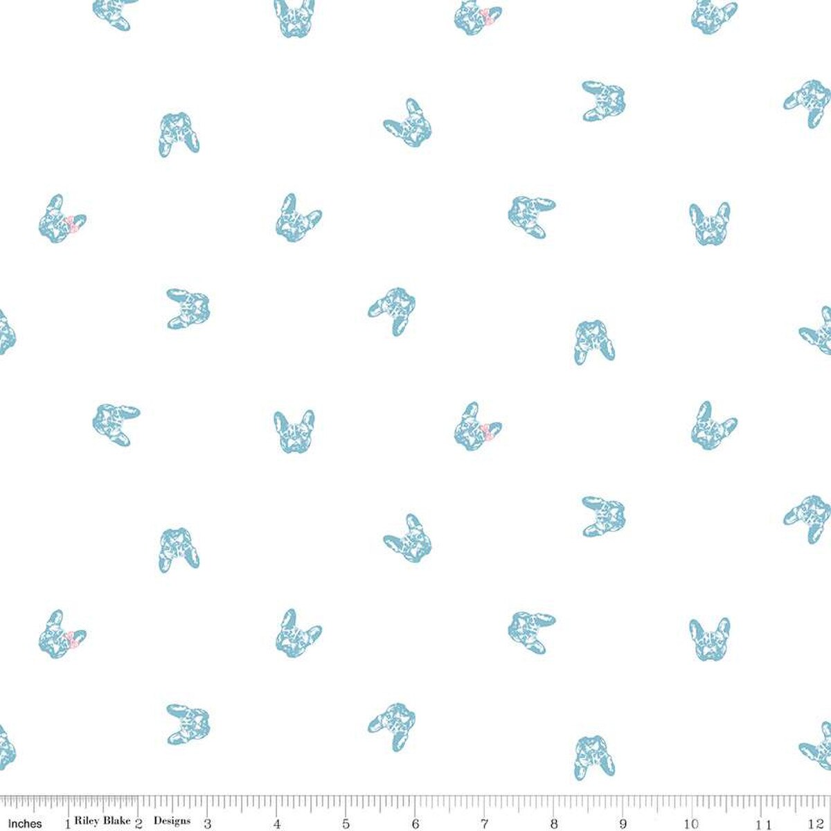 Pattern of blue French bulldog faces on a white background with a ruler at the bottom.
