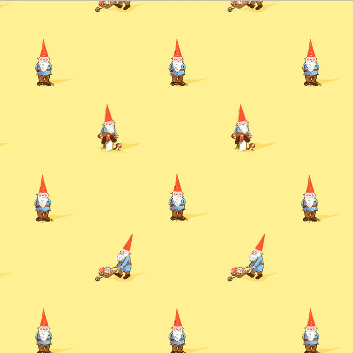 Pattern of small gnomes with red hats on a yellow background with a ruler at the bottom.