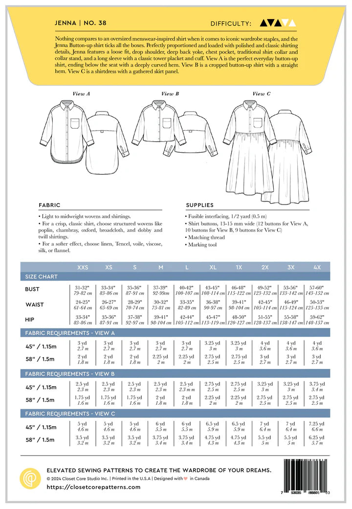 Jenna Shirt + Shirtdress Pattern (Print)