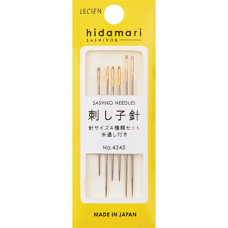Pack of sashiko needles with yellow Lecien Hidamari branding on a white background