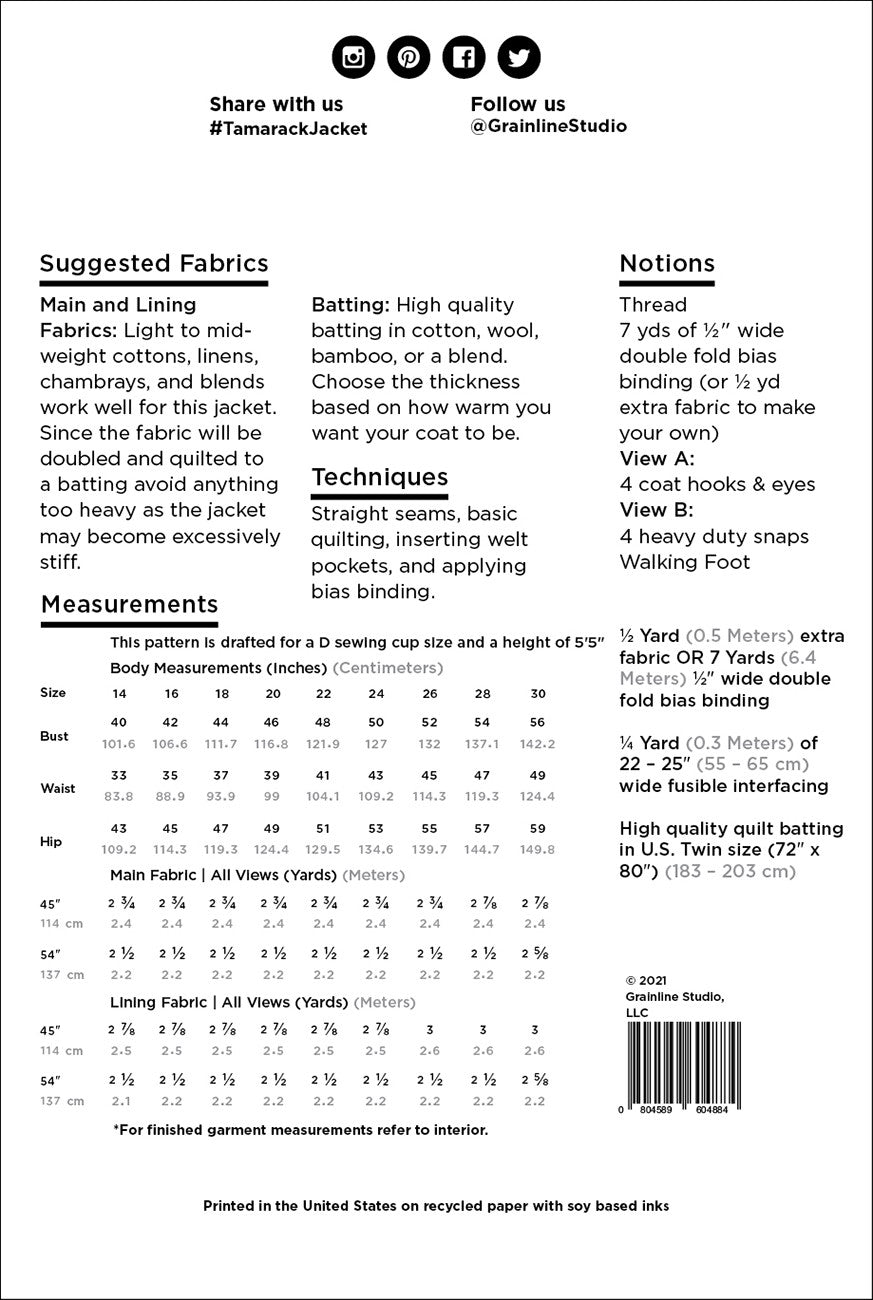 Tamarack Jacket (Size 14-32) Print Pattern