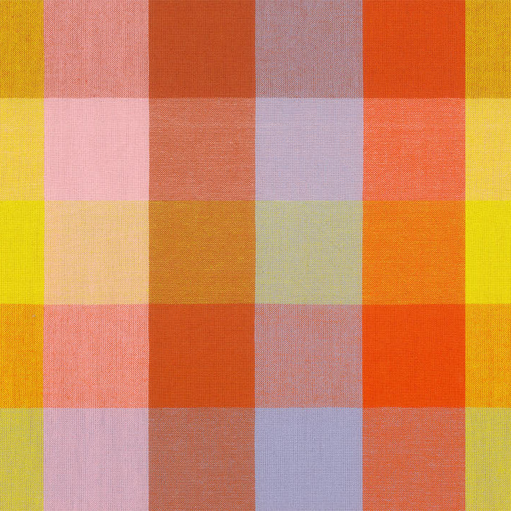 Checkered fabric pattern with red, orange, yellow, and pink squares.