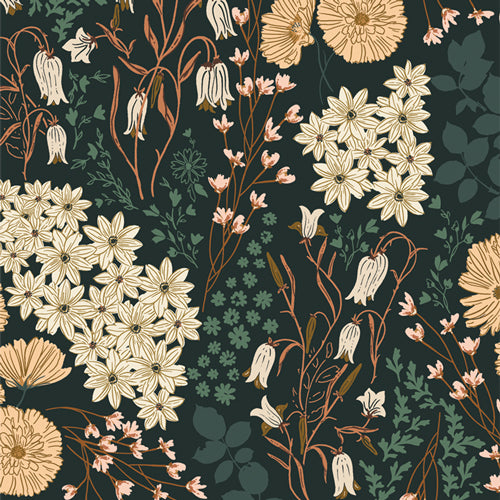Floral pattern with white, beige, and pink flowers on a dark green background