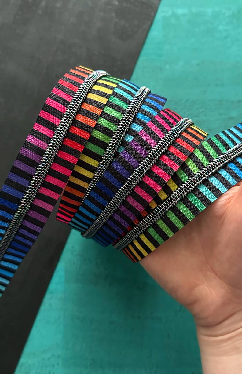 Wide Rainbow Stripe Zipper Tape with Iridescent Teeth