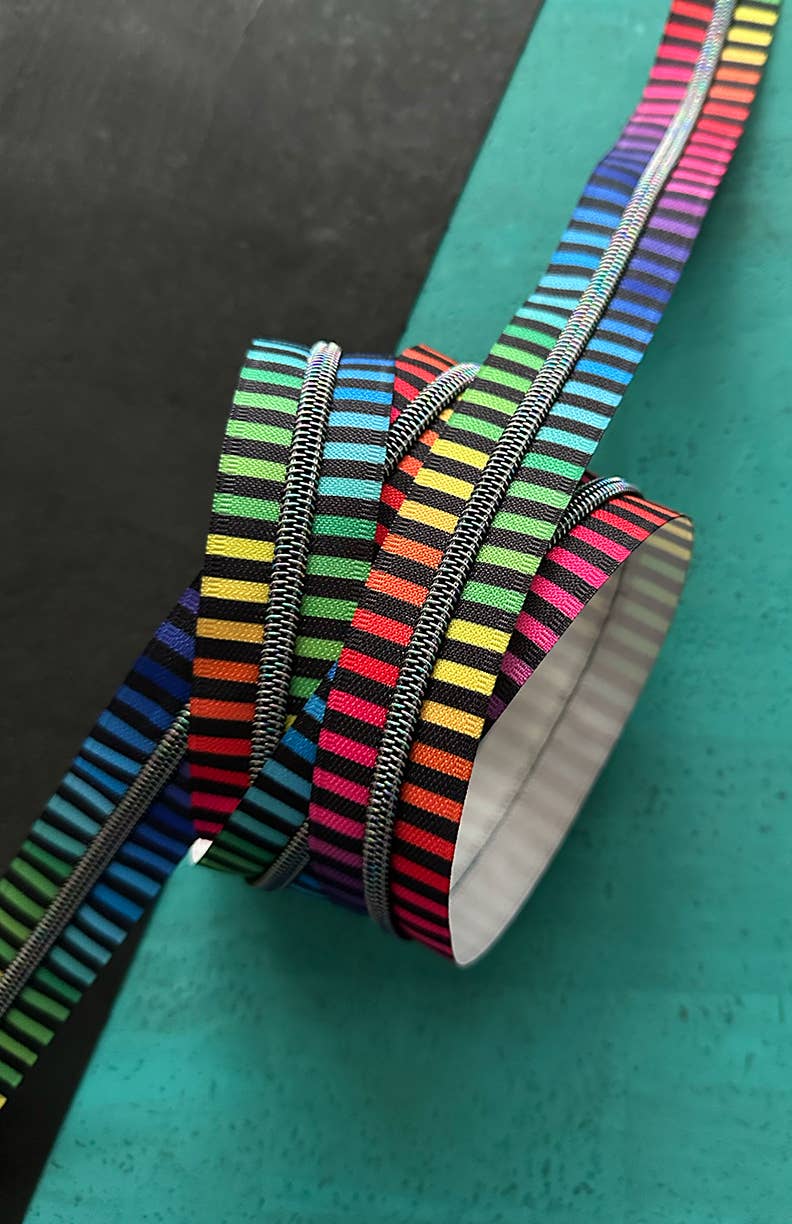 Wide Rainbow Stripe Zipper Tape with Iridescent Teeth