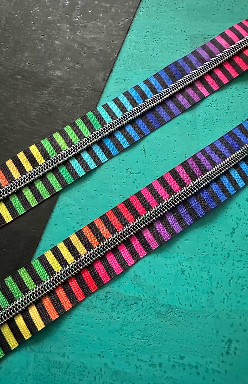 Wide Rainbow Stripe Zipper Tape with Iridescent Teeth