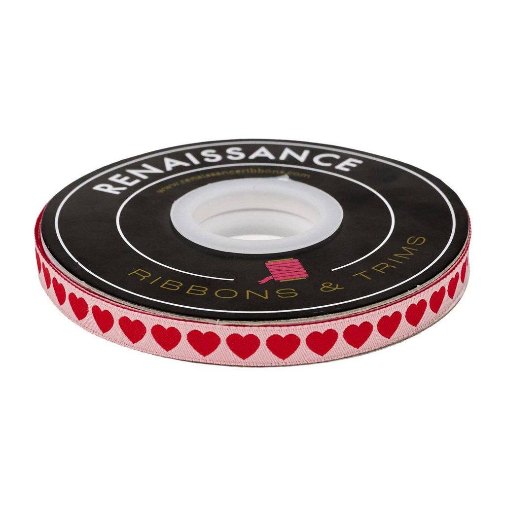 Funny Valentine - Tiny Hearts in Peach and Red - Ribbon 3/8" width - by Lizzy House